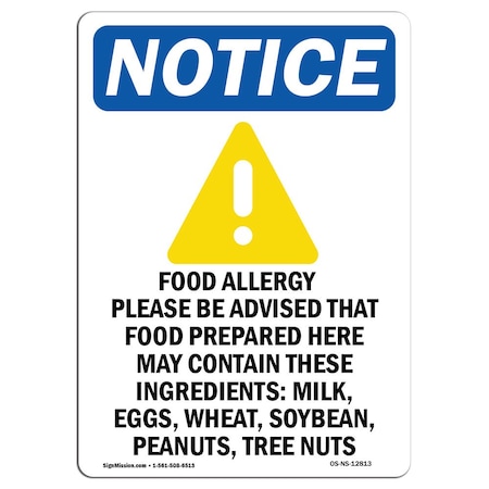 Signmission Safety Sign, OSHA Notice, 14" Height, Rigid Plastic, Food Allergy Notice Sign With Symbol, Portrait OS-NS-P-1014-V-12813